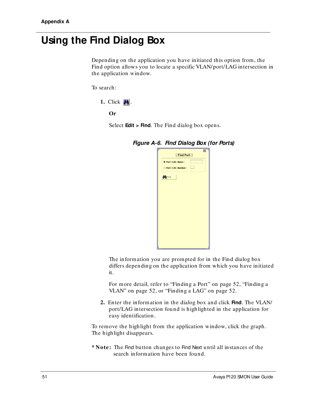 Avaya P120 SMON manual Using the Find Dialog Box, Figure A-6. Find Dialog Box for Ports 