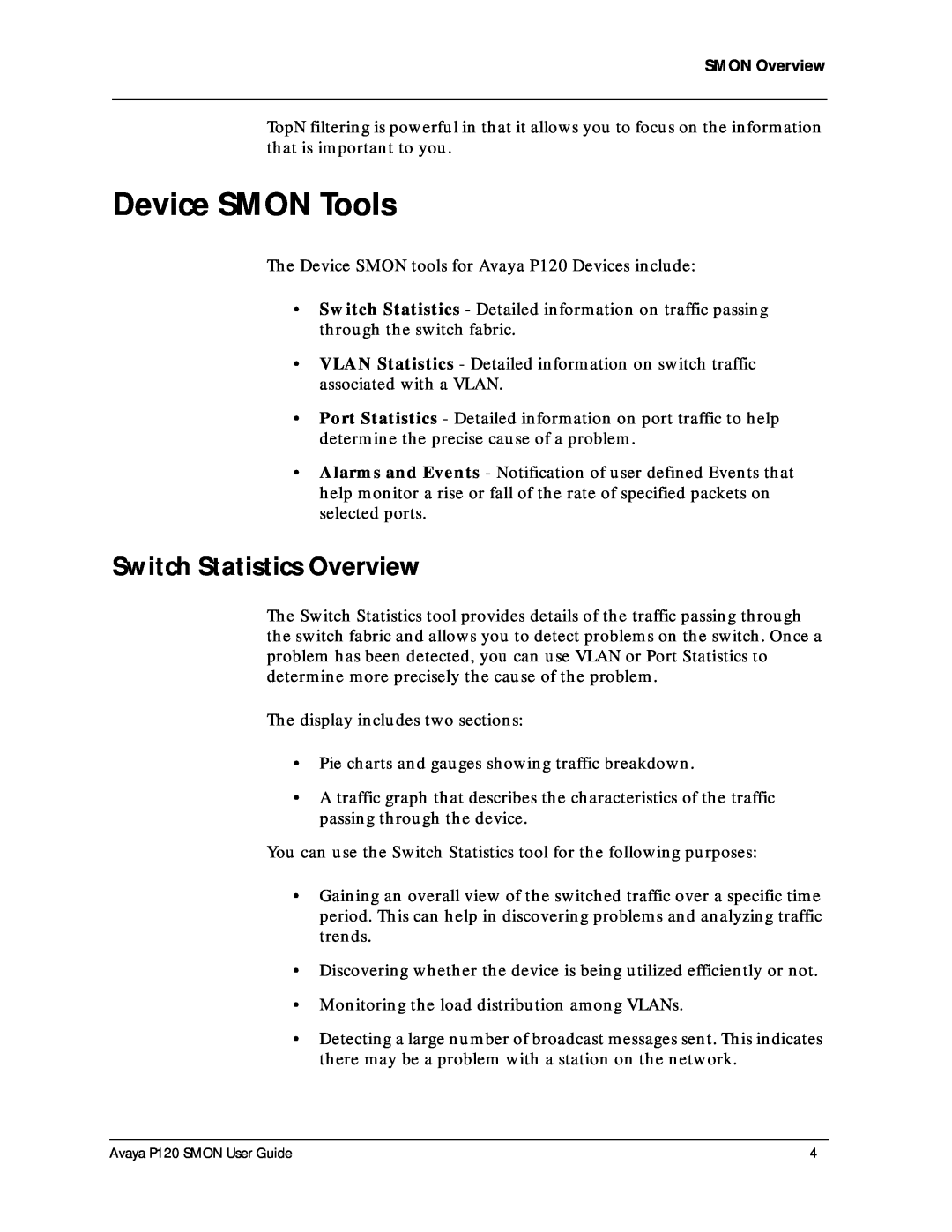 Avaya P120 SMON manual Device SMON Tools, Switch Statistics Overview 