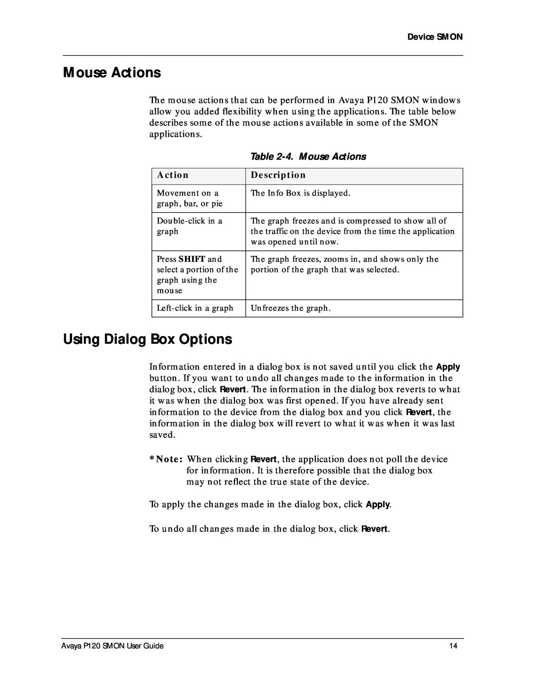 Avaya P120 SMON manual Using Dialog Box Options, 4. Mouse Actions 