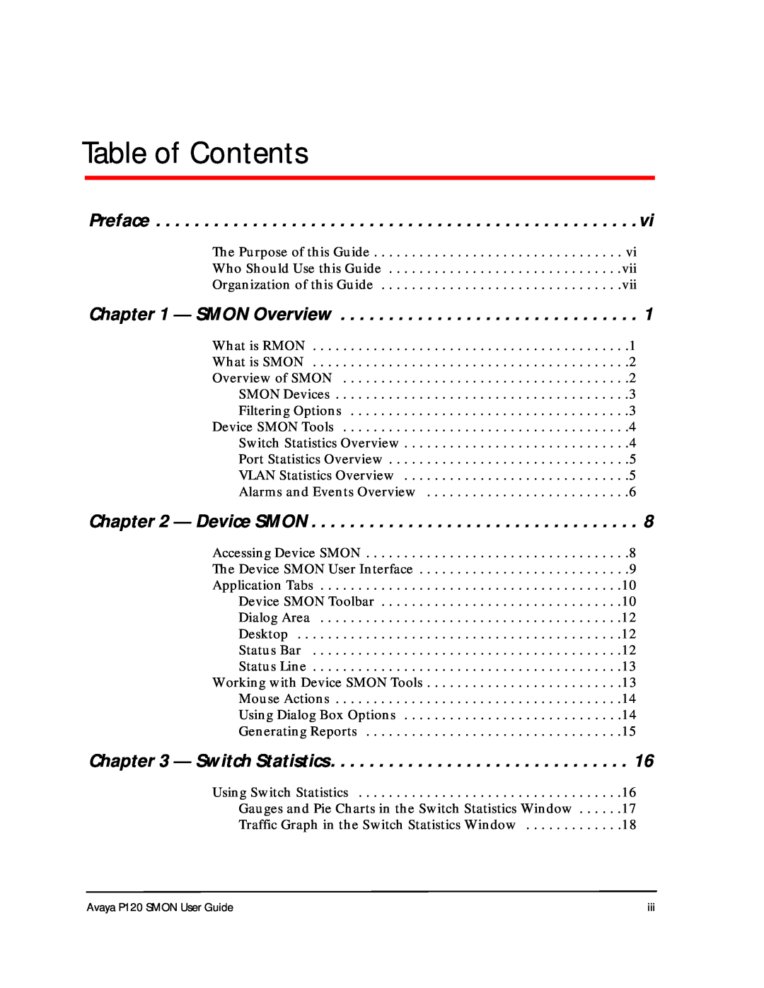 Avaya P120 SMON manual Preface, SMON Overview, Device SMON, Switch Statistics, Table of Contents 