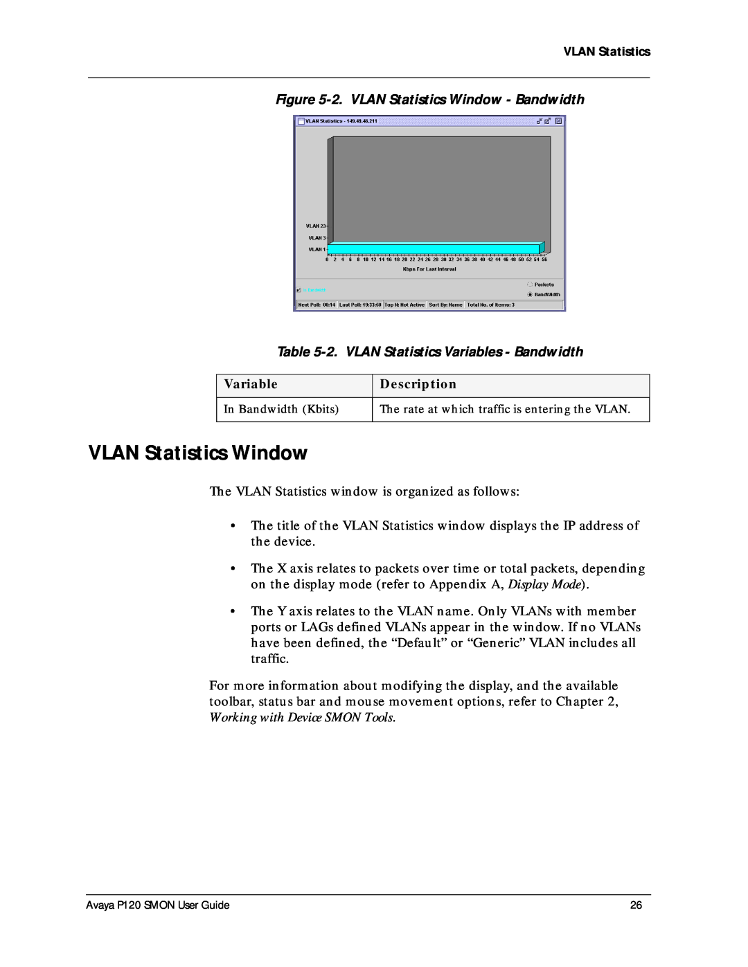 Avaya P120 SMON manual 2. VLAN Statistics Window - Bandwidth, 2. VLAN Statistics Variables - Bandwidth 