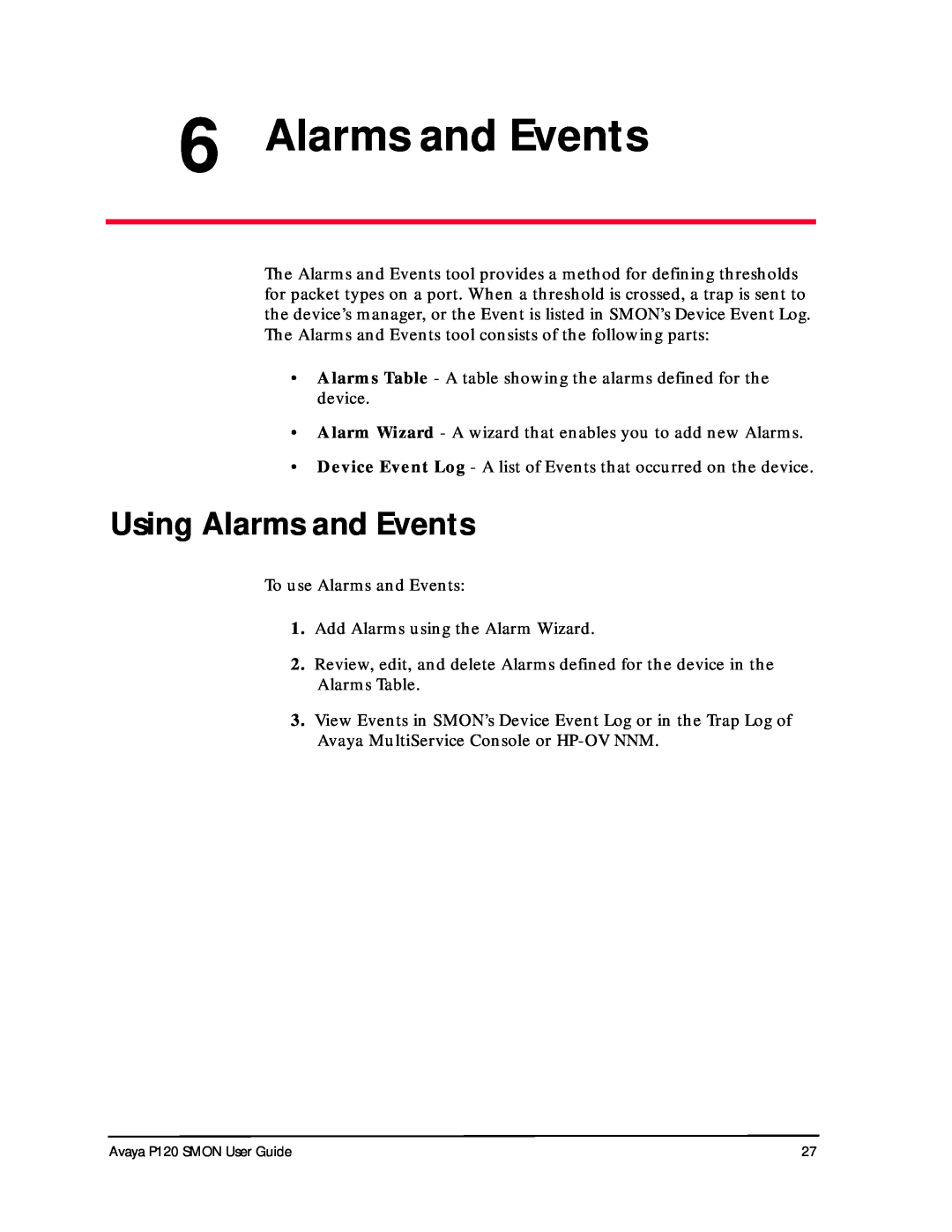 Avaya P120 SMON manual Using Alarms and Events 