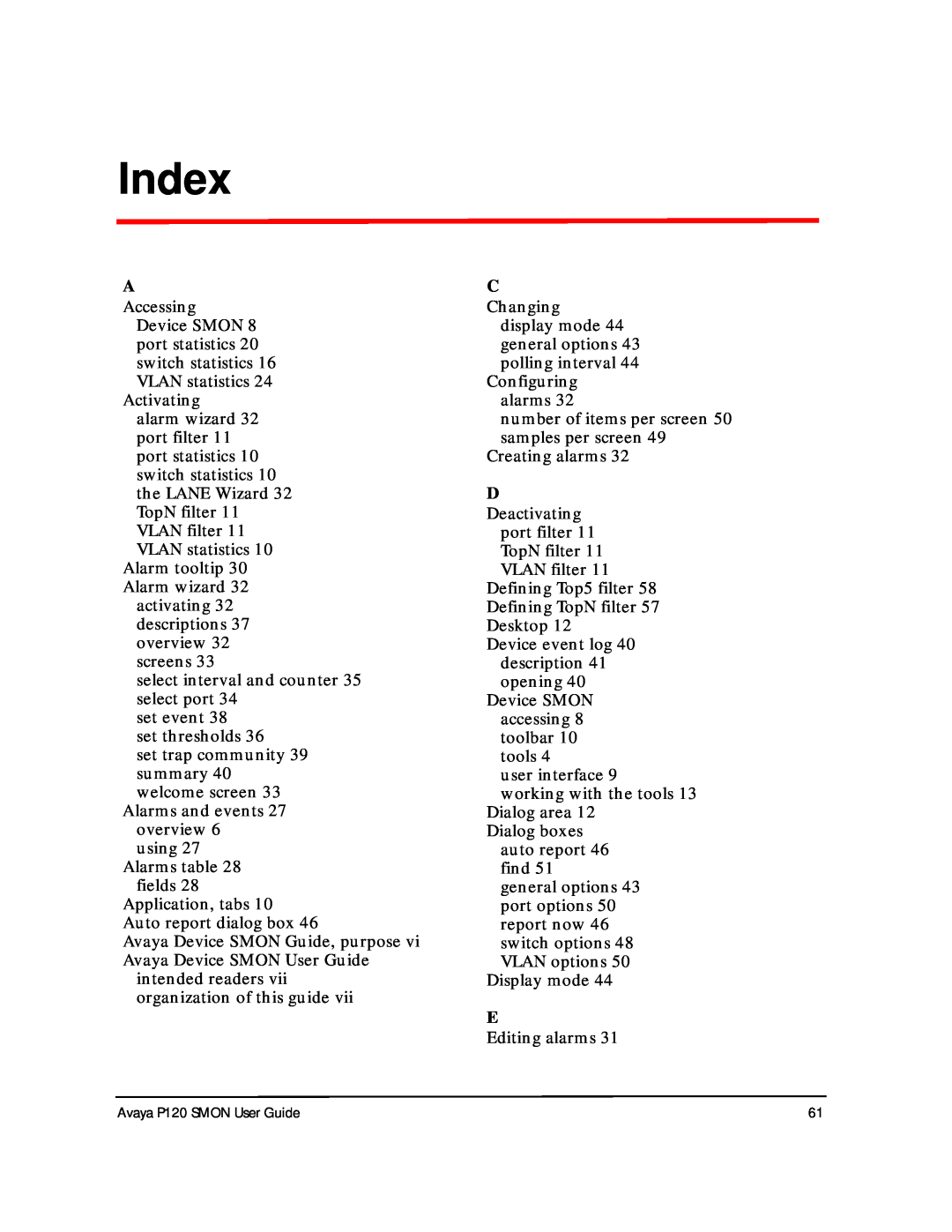 Avaya P120 SMON manual Index 