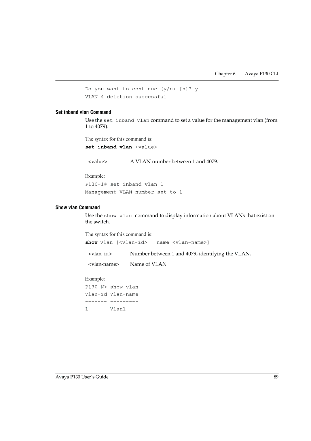 Avaya P130 manual Set inband vlan Command, Set inband vlan value, Show vlan Command 