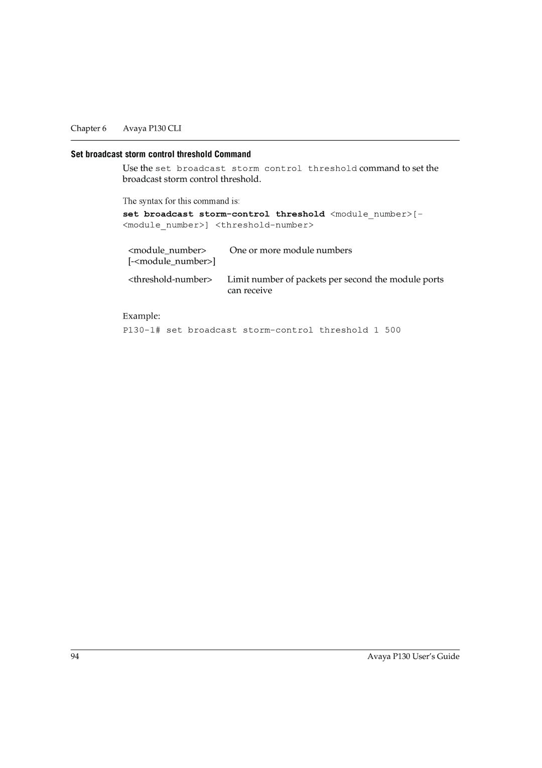 Avaya manual Set broadcast storm control threshold Command, P130-1# set broadcast storm-control threshold 1 