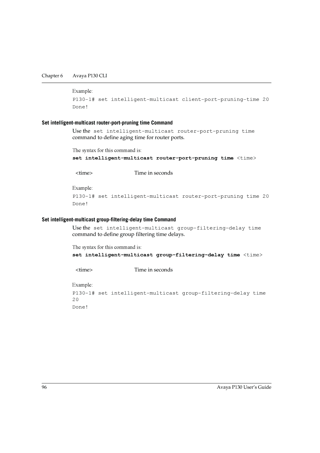 Avaya P130 manual Set intelligent-multicast router-port-pruning time Command 