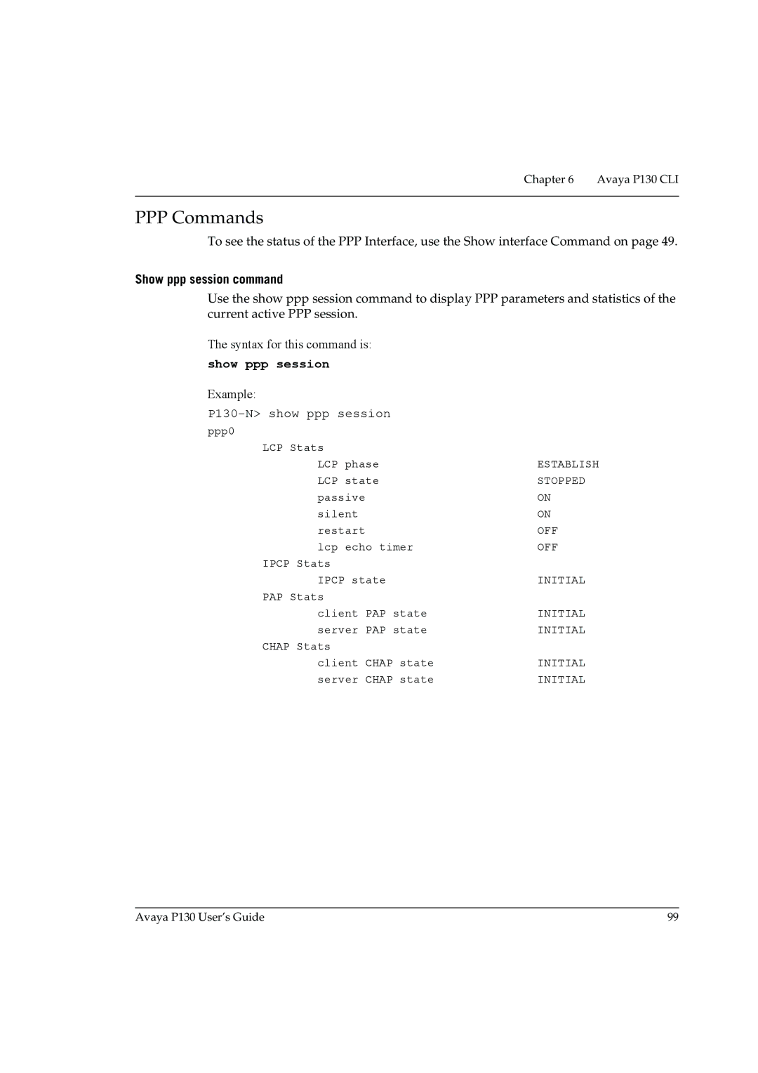 Avaya manual PPP Commands, Show ppp session command, P130-N show ppp session 