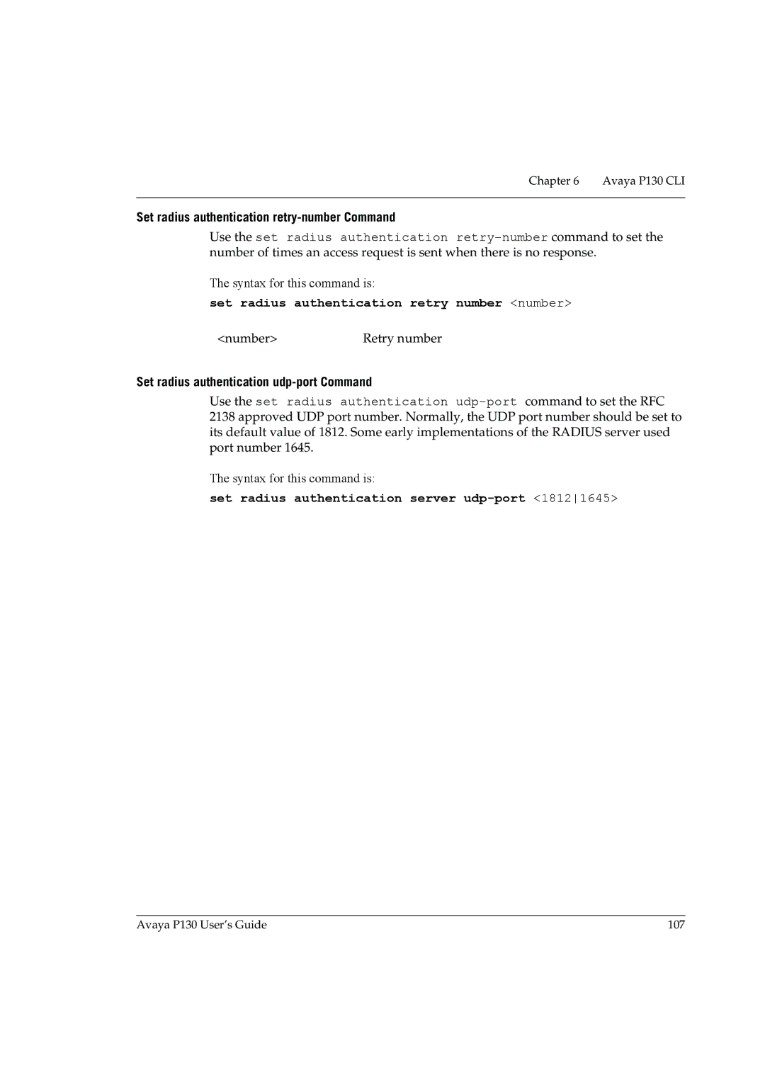 Avaya P130 manual Set radius authentication retry-number Command, Set radius authentication retry number number 