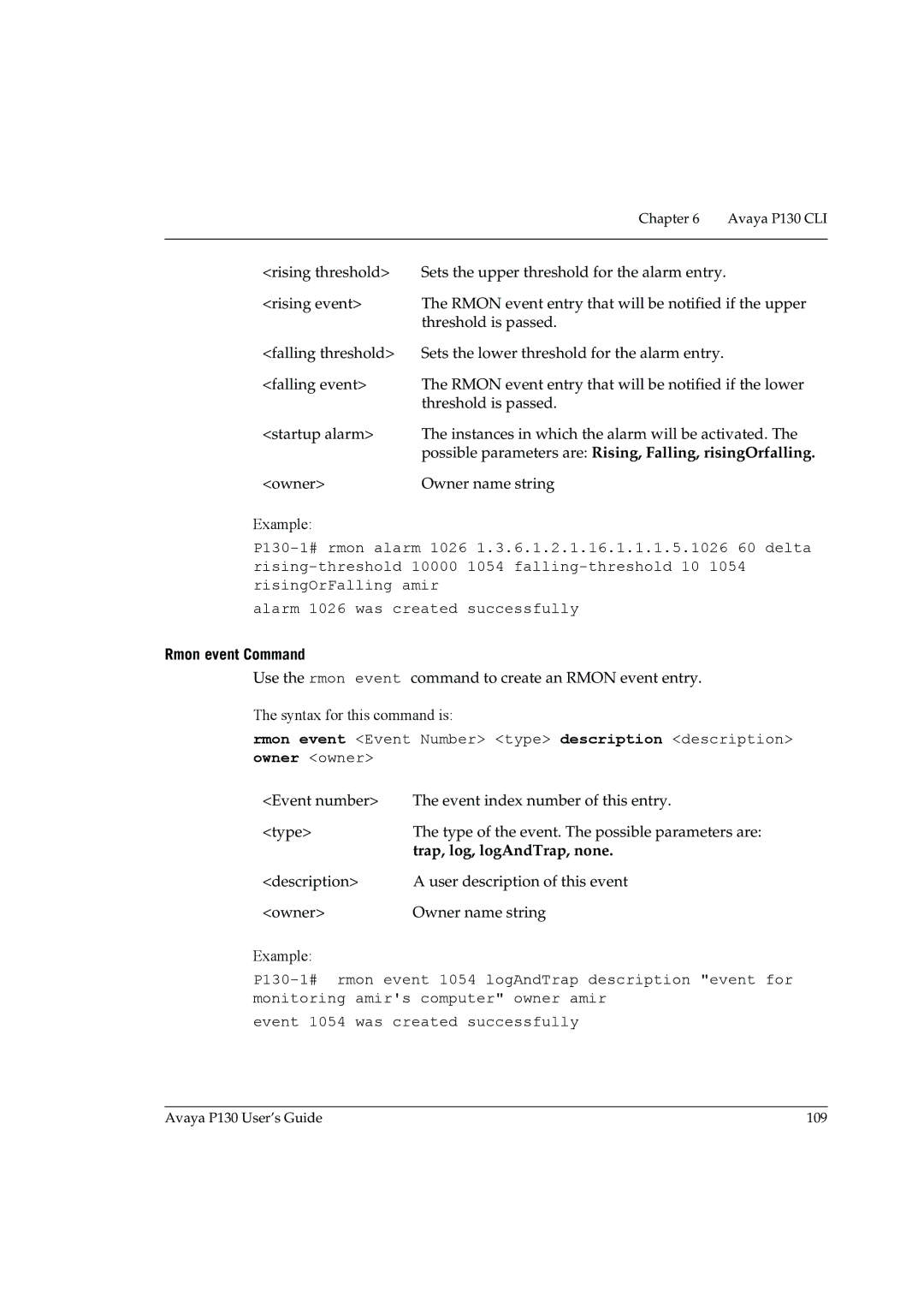 Avaya P130 manual Possible parameters are Rising, Falling, risingOrfalling, Rmon event Command 