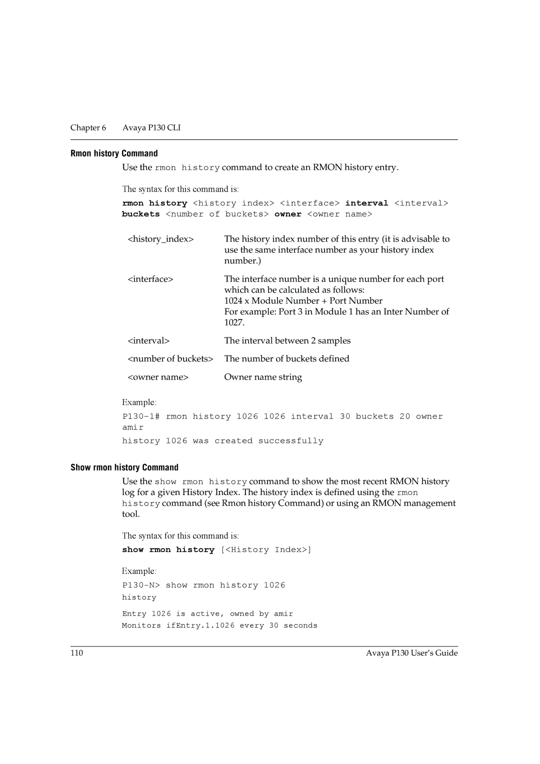 Avaya manual Rmon history Command, Show rmon history Command, Show rmon history History Index, P130-N show rmon history 