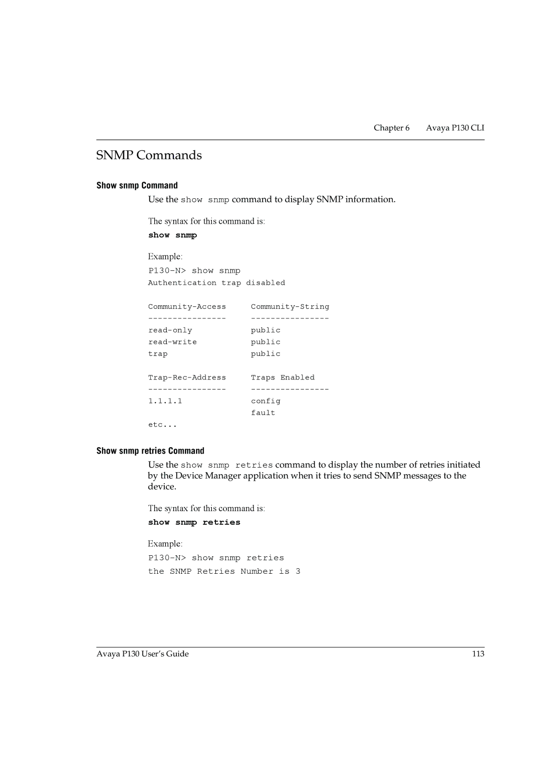 Avaya P130 manual Snmp Commands, Show snmp Command, Show snmp retries Command 