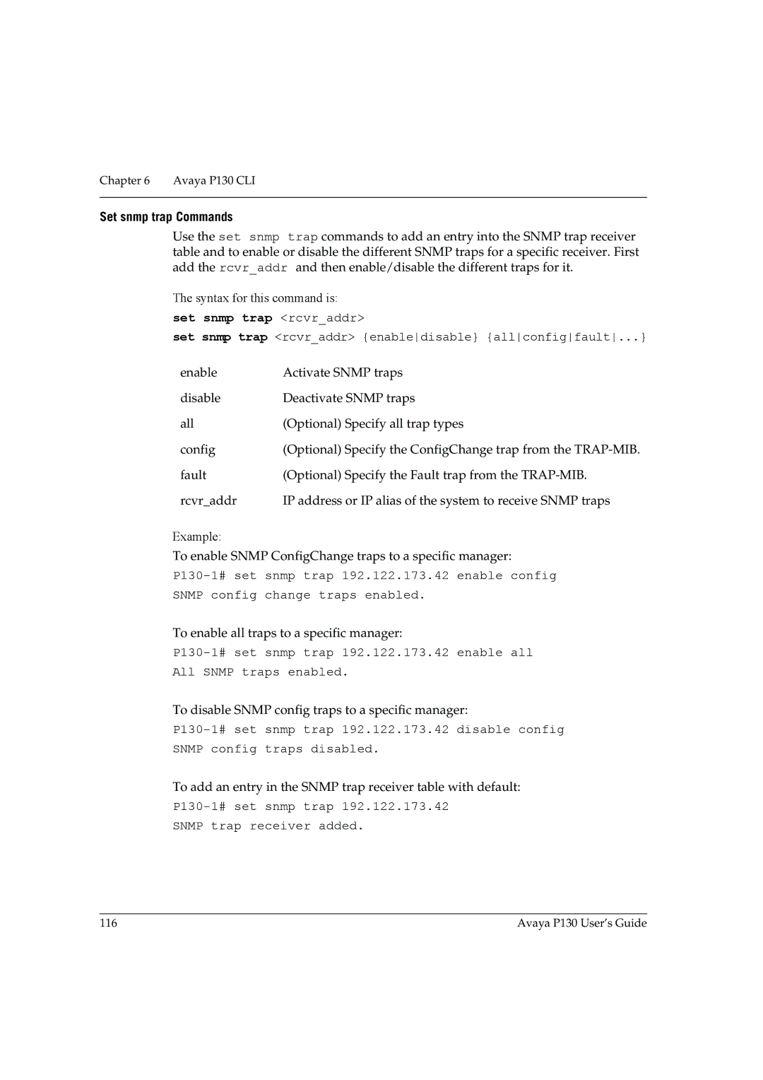 Avaya P130 manual Set snmp trap Commands, Set snmp trap rcvraddr enabledisable allconfigfault 