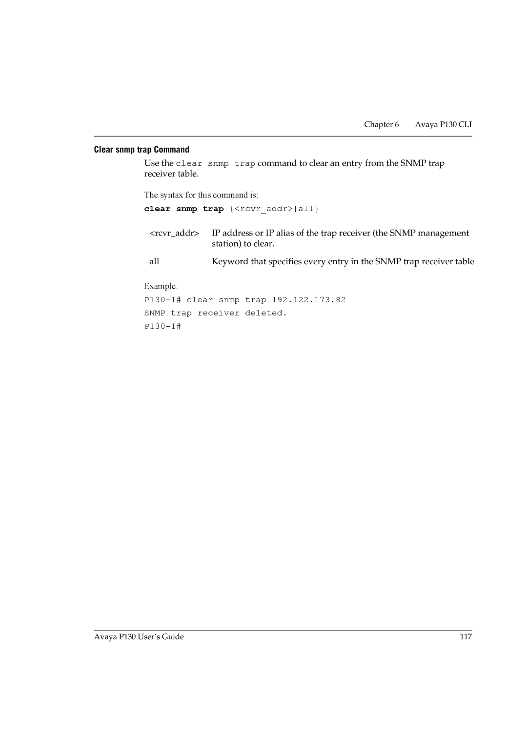 Avaya manual Clear snmp trap Command, Clear snmp trap rcvraddrall, P130-1# clear snmp trap Snmp trap receiver deleted 