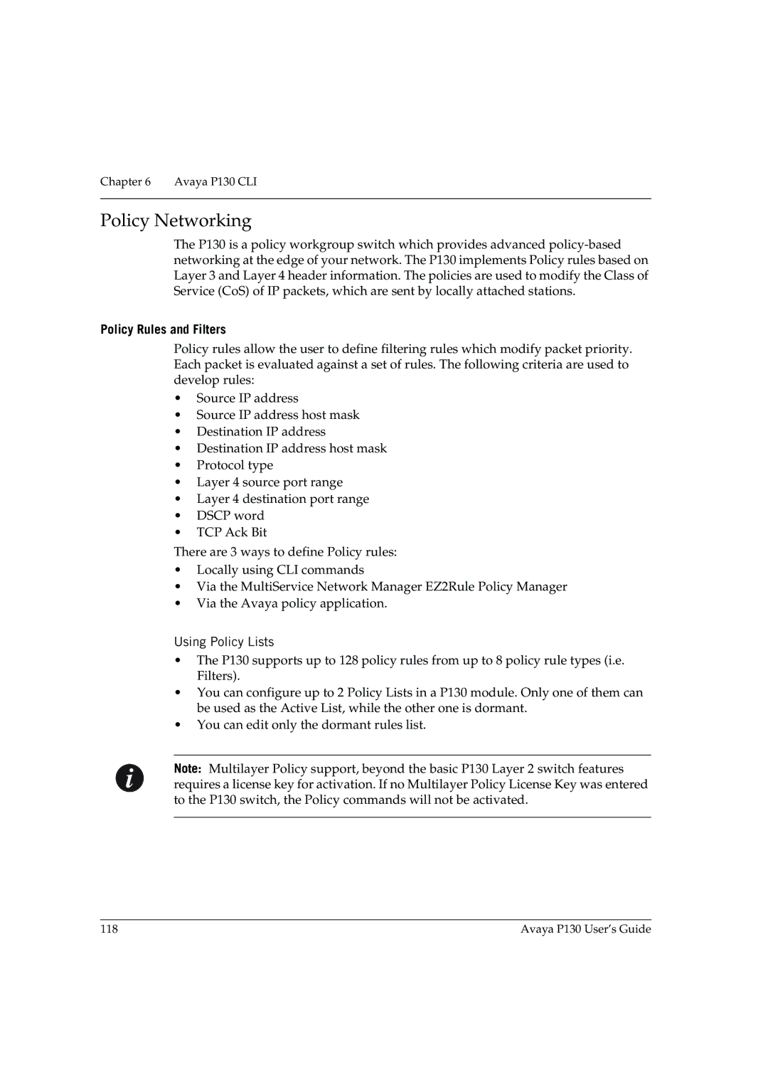 Avaya P130 manual Policy Networking, Policy Rules and Filters 