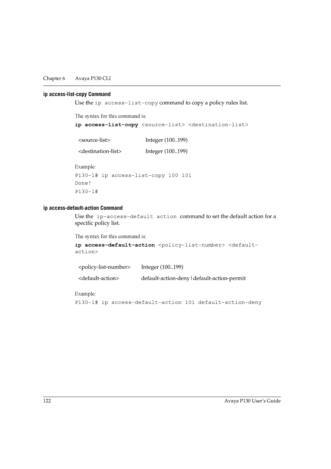 Avaya P130 manual Ip access-list-copy Command, Ip access-default-action Command 