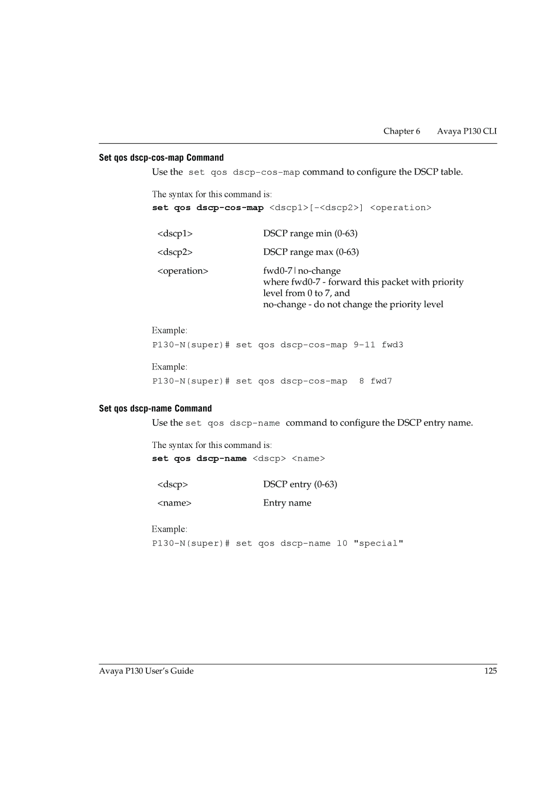 Avaya P130 manual Set qos dscp-cos-map Command, Set qos dscp-name Command, Set qos dscp-name dscp name 