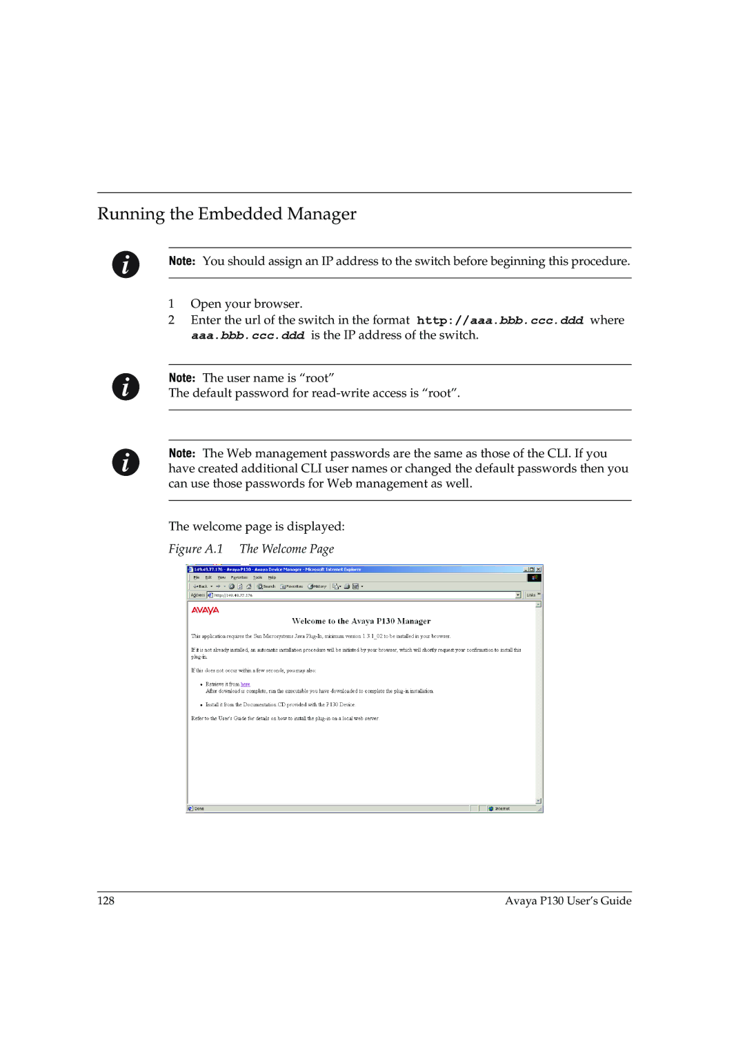 Avaya P130 manual Running the Embedded Manager, Figure A.1 The Welcome 