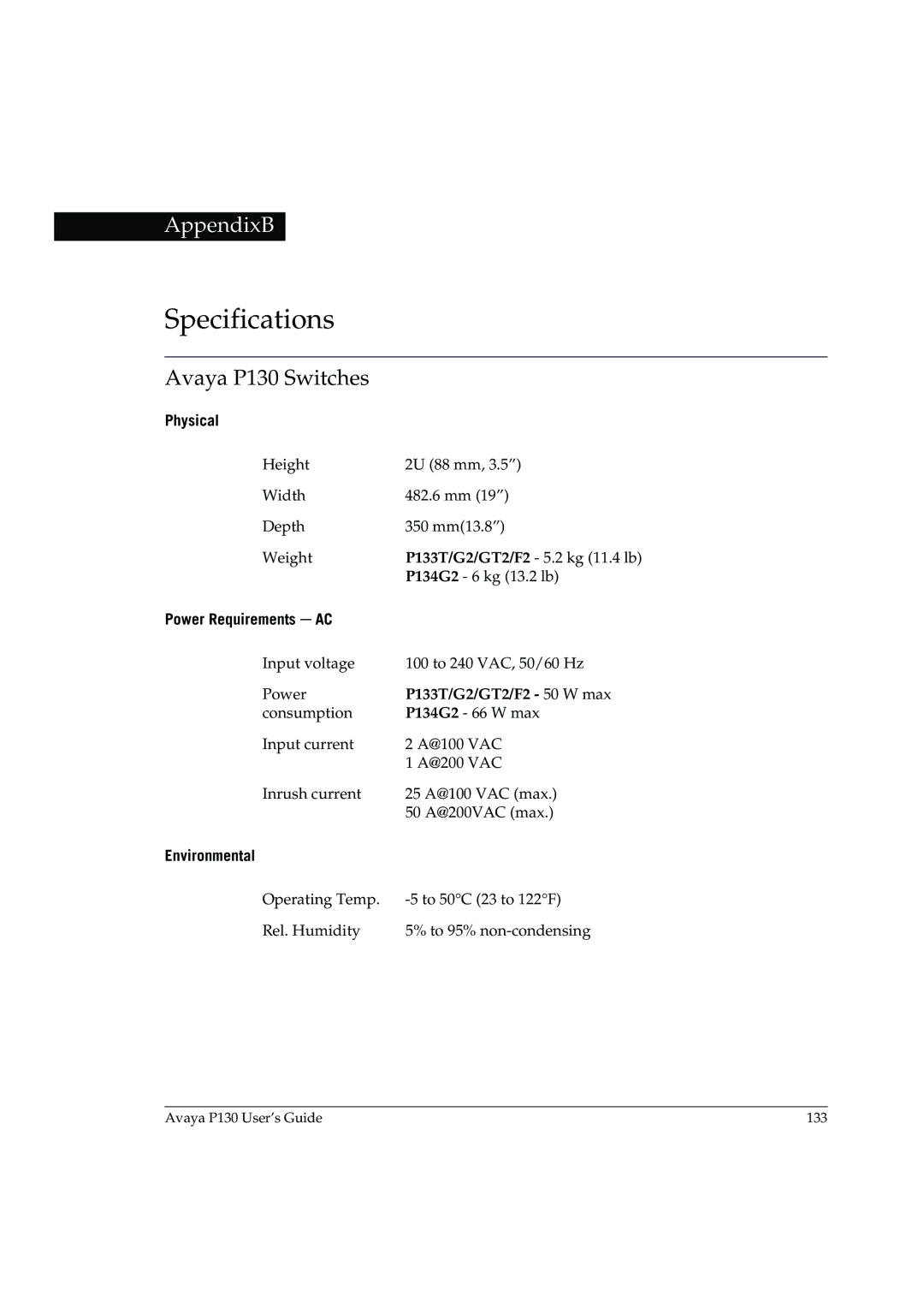 Avaya manual Specifications, Avaya P130 Switches, Physical, Power Requirements AC, Environmental 