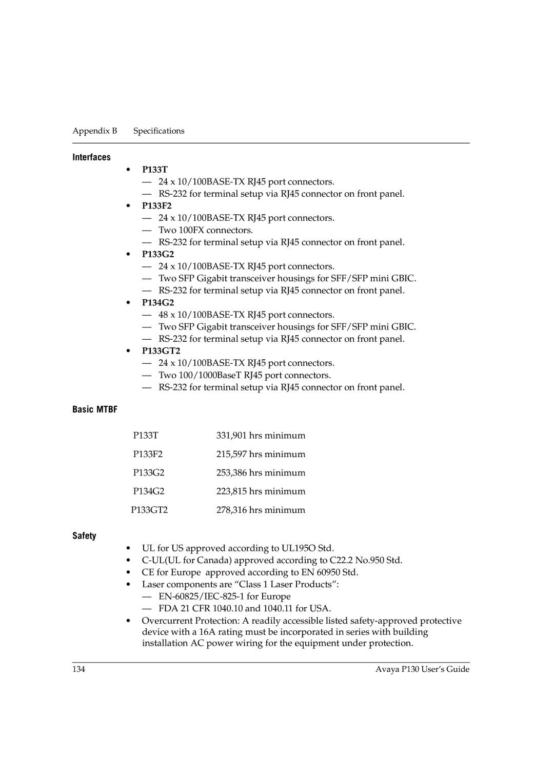 Avaya P130 manual Interfaces, Basic Mtbf, Safety 