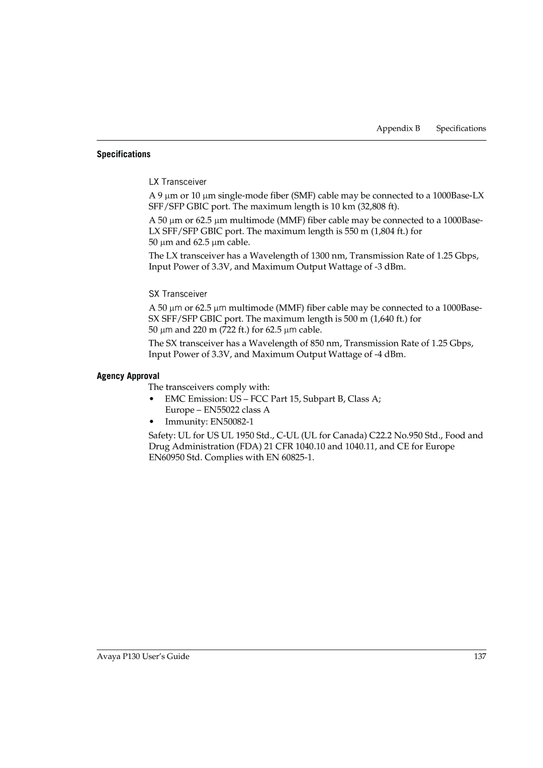Avaya P130 manual Specifications, Agency Approval 