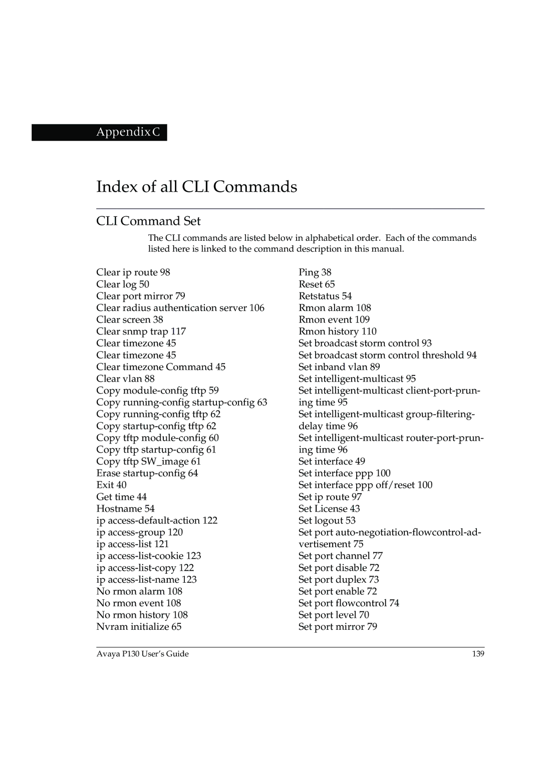 Avaya P130 manual Index of all CLI Commands, CLI Command Set 