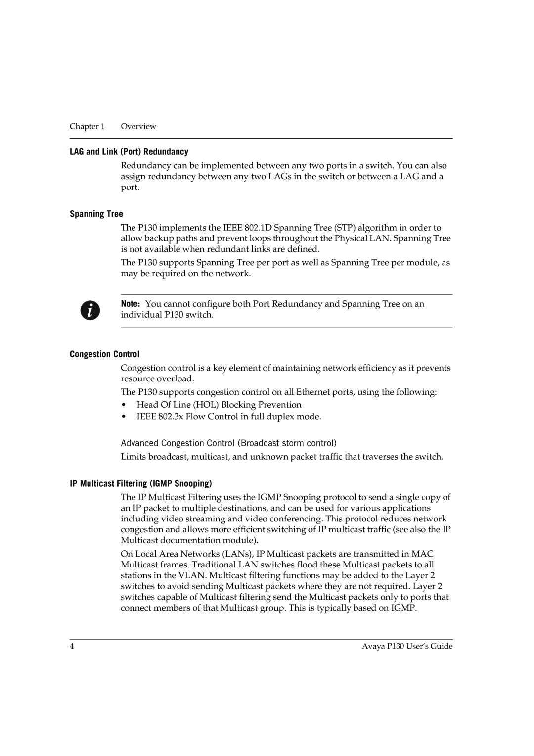 Avaya P130 manual LAG and Link Port Redundancy, Spanning Tree, Congestion Control, IP Multicast Filtering Igmp Snooping 