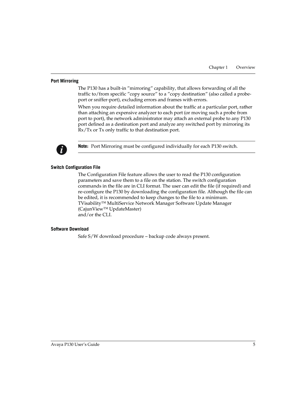 Avaya P130 manual Port Mirroring, Switch Configuration File, Software Download 