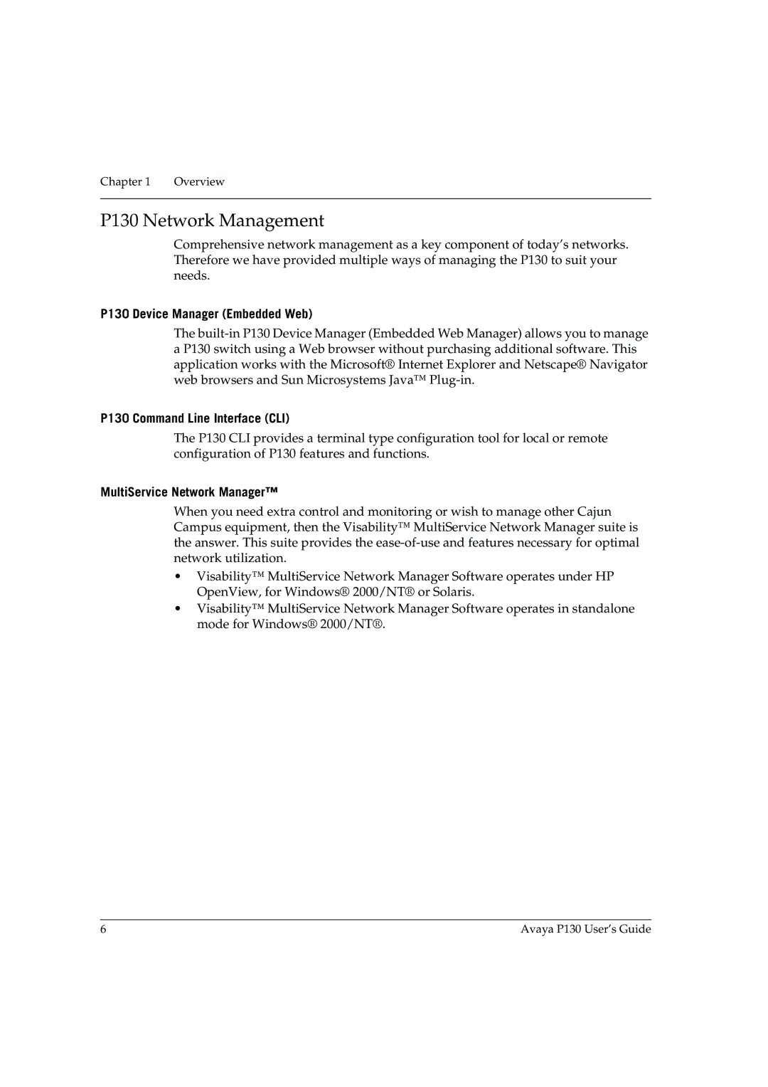 Avaya manual P130 Network Management, P130 Device Manager Embedded Web, P130 Command Line Interface CLI 