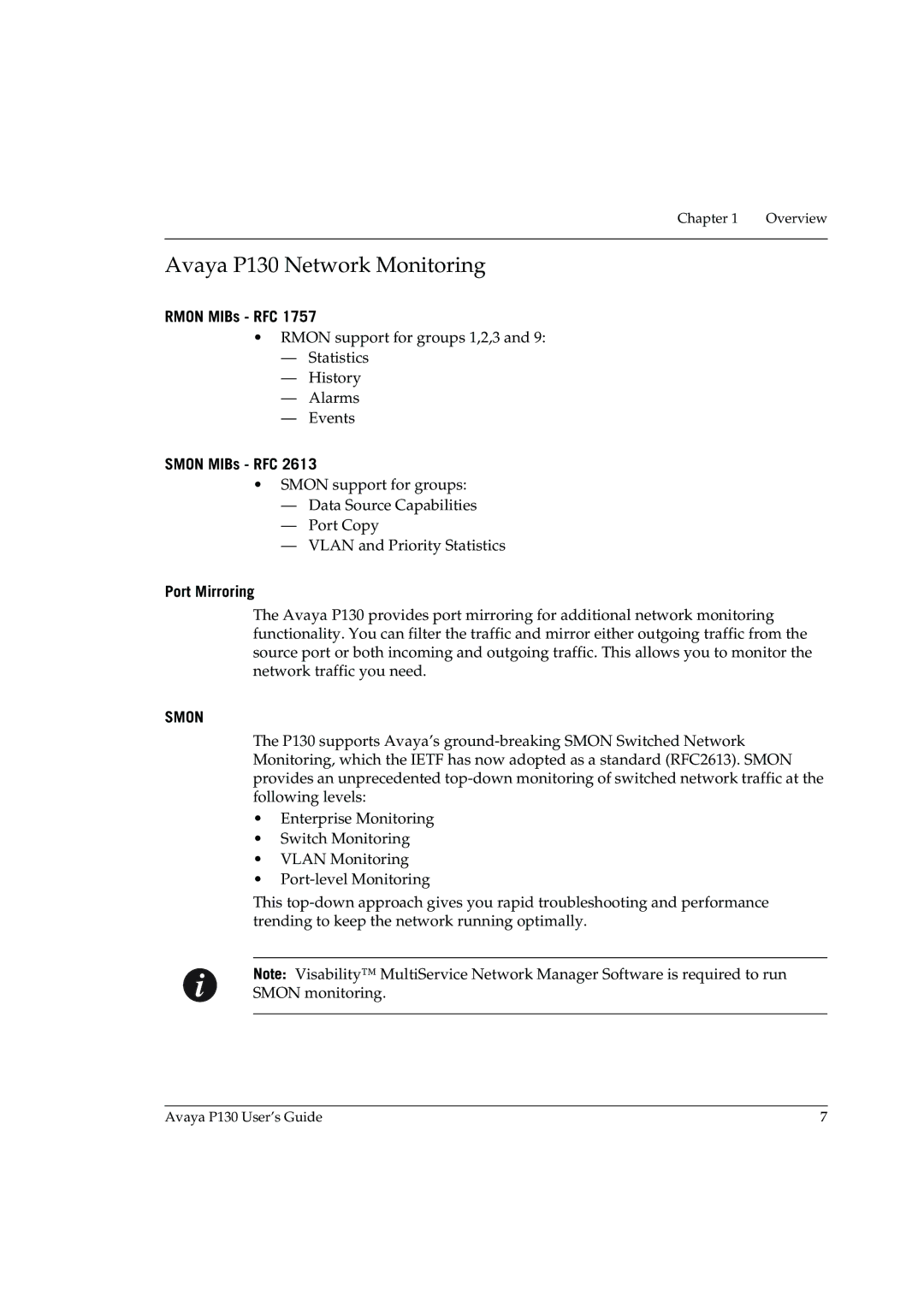 Avaya manual Avaya P130 Network Monitoring, Rmon MIBs RFC, Smon MIBs RFC 