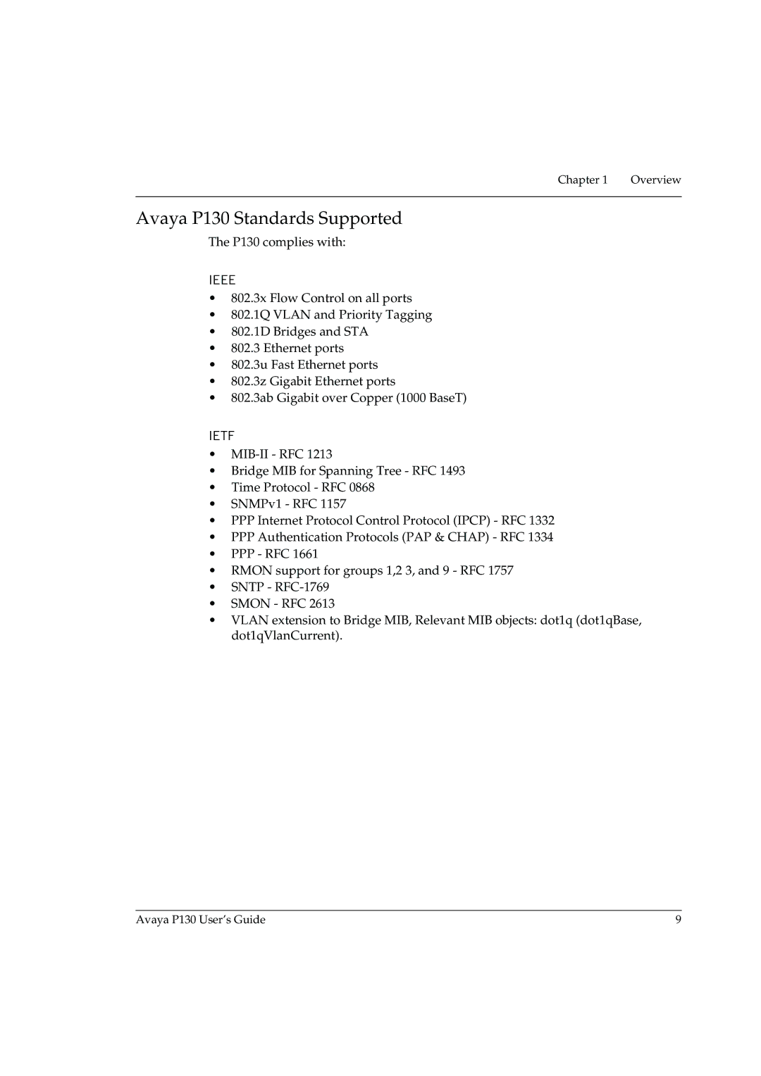 Avaya manual Avaya P130 Standards Supported, Ieee 