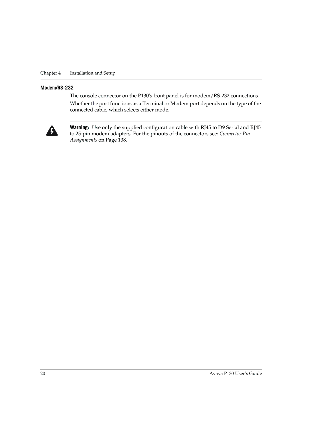 Avaya P130 manual Modem/RS-232 