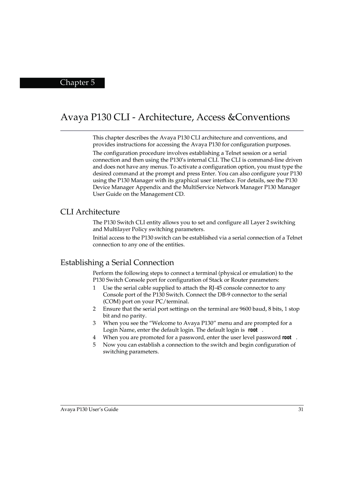 Avaya P130 manual CLI Architecture, Establishing a Serial Connection 