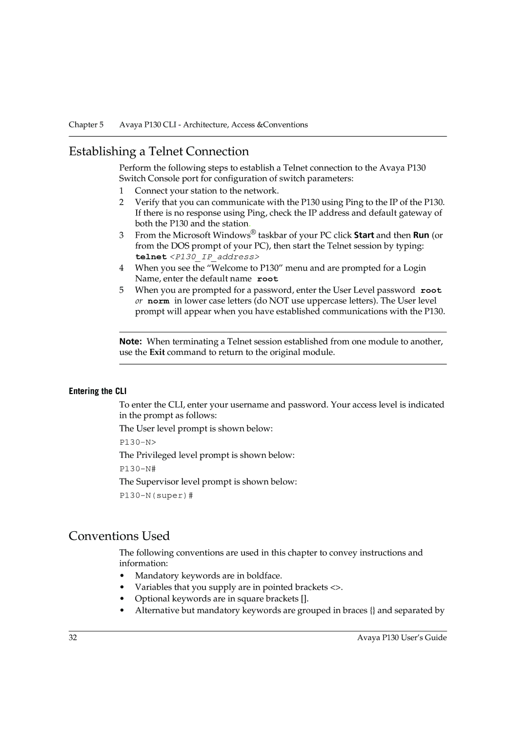 Avaya P130 manual Establishing a Telnet Connection, Conventions Used, Entering the CLI 