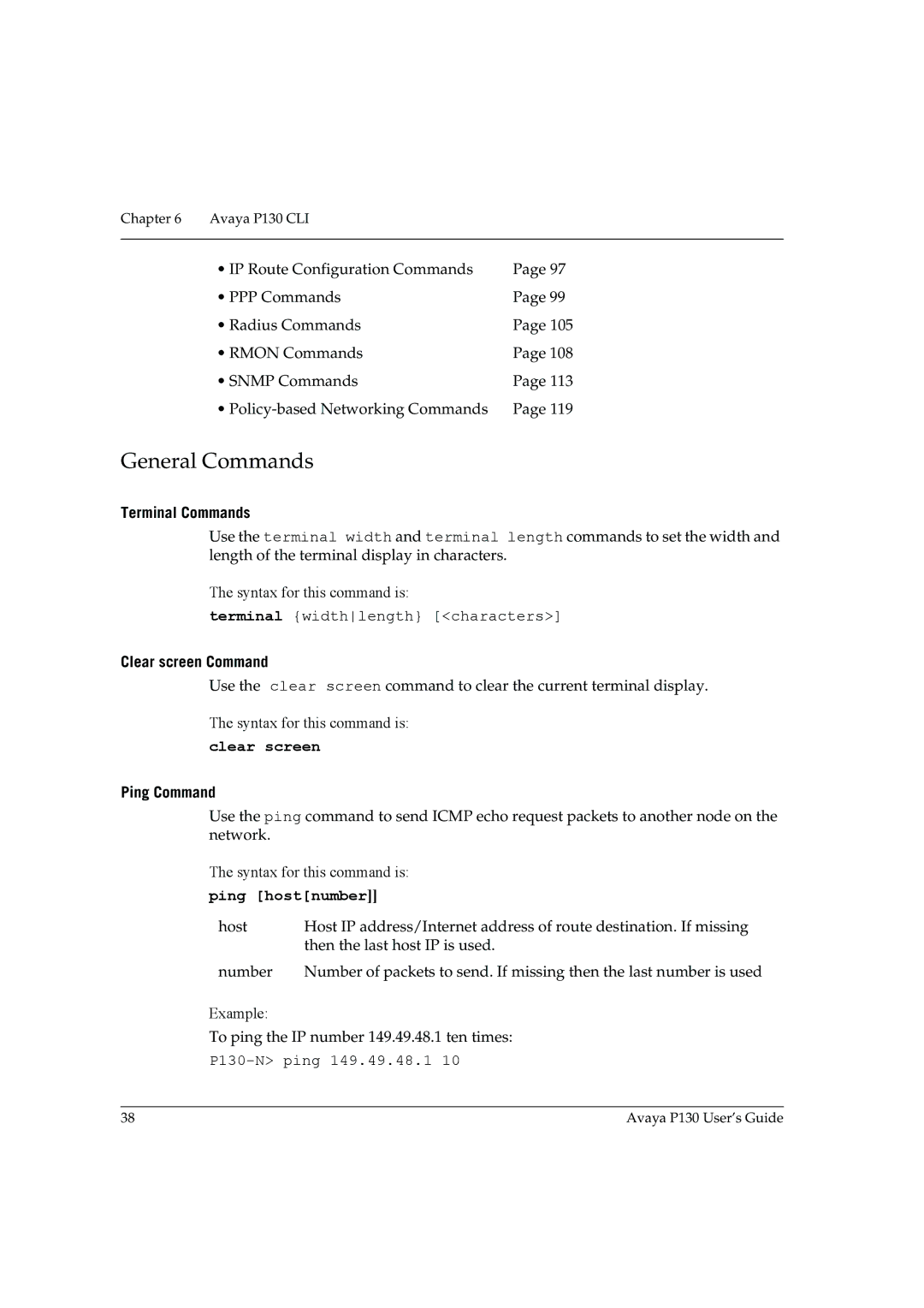 Avaya P130 manual General Commands, Clear screen, Ping hostnumber 