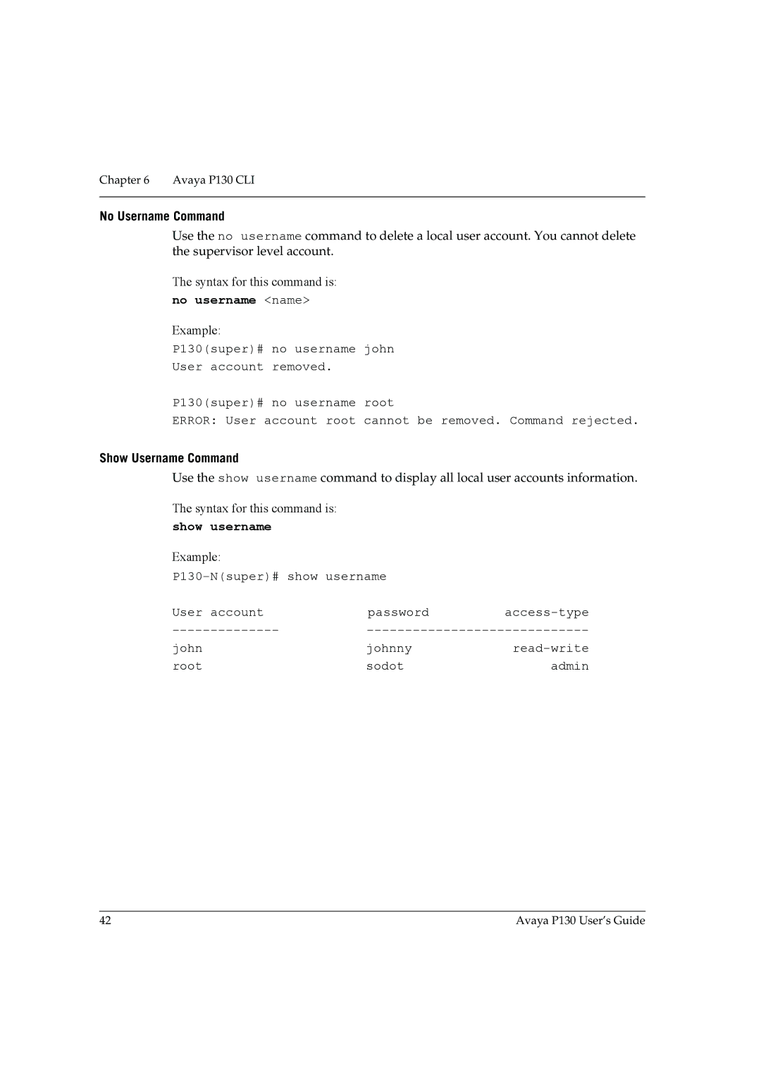 Avaya P130 manual No Username Command, No username name, Show Username Command, Show username 