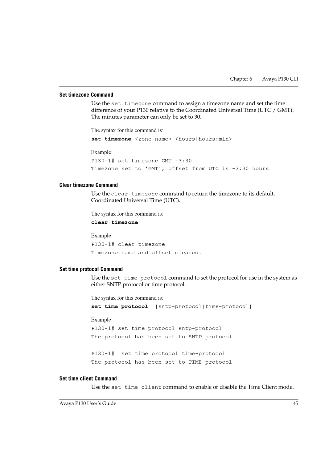 Avaya P130 manual Set timezone Command, Clear timezone Command, Set time protocol Command, Set time client Command 
