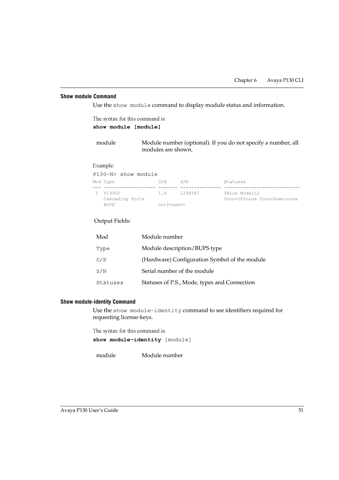 Avaya P130 manual Show module Command, Show module module, Show module-identity Command, Show module-identity module 