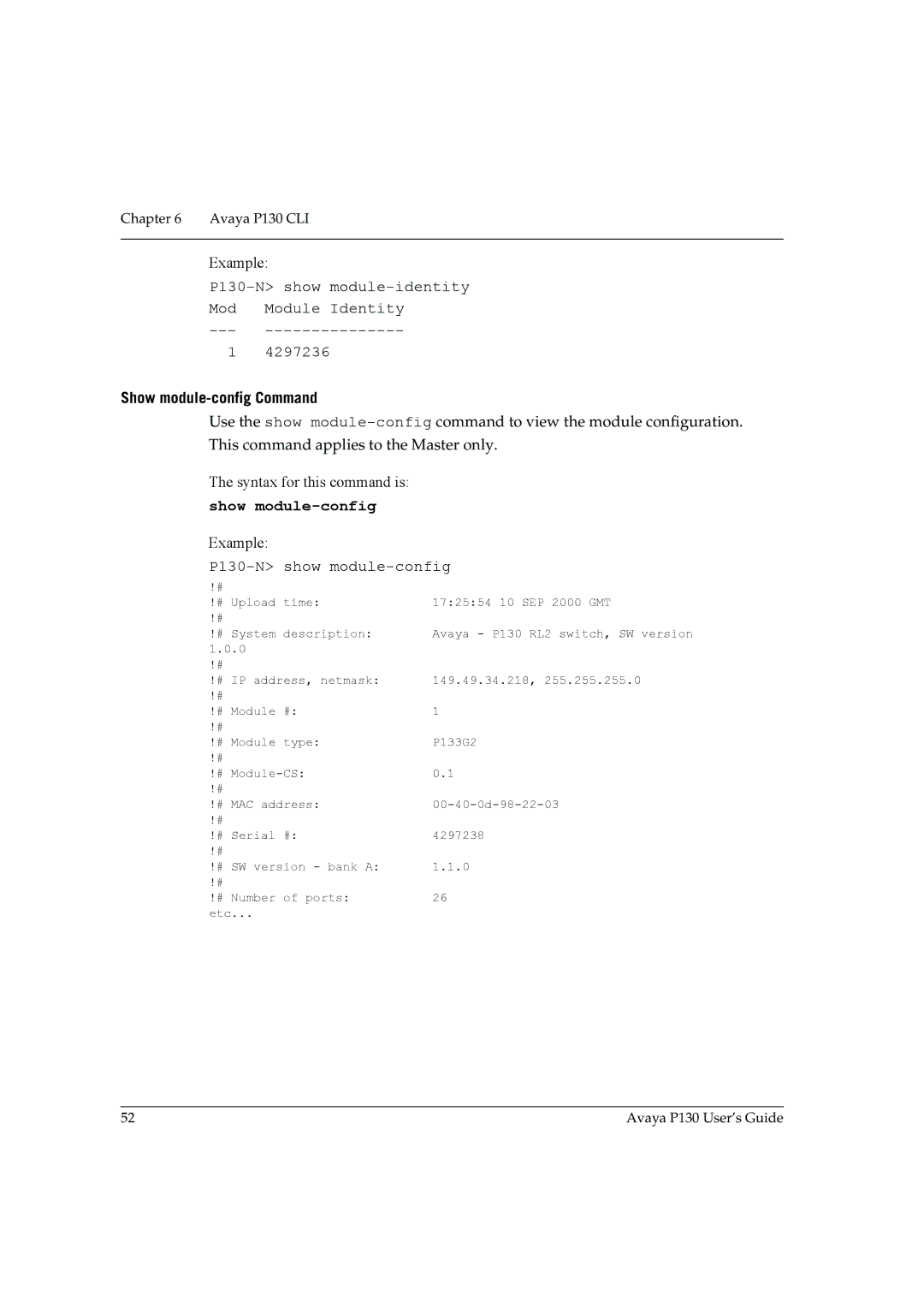 Avaya P130-N show module-identity Mod Module Identity 4297236, Show module-config Command, P130-N show module-config 