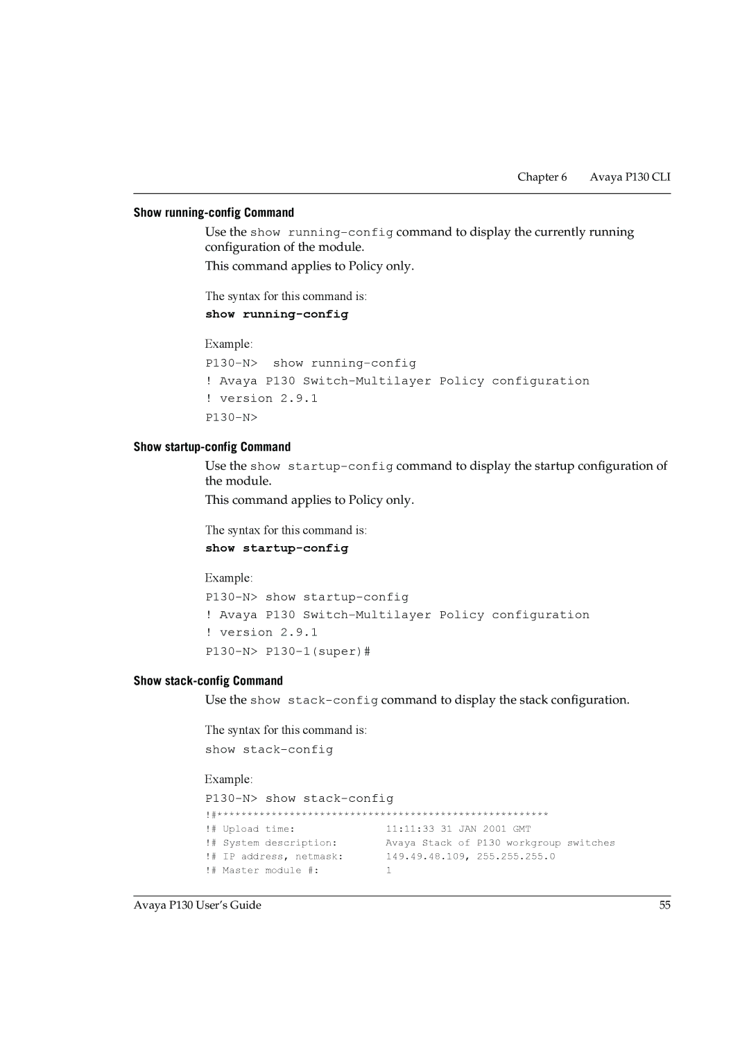 Avaya P130 manual Show running-config Command, Show startup-config Command, Show stack-config Command 