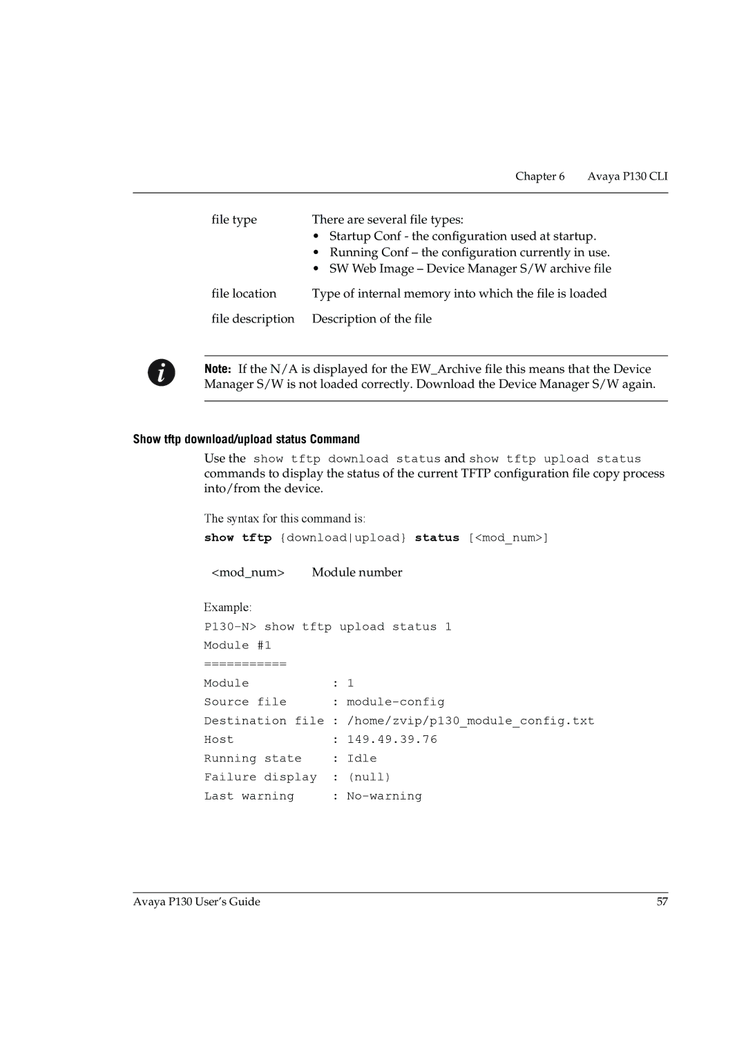 Avaya P130 manual Show tftp download/upload status Command, Show tftp downloadupload status modnum 