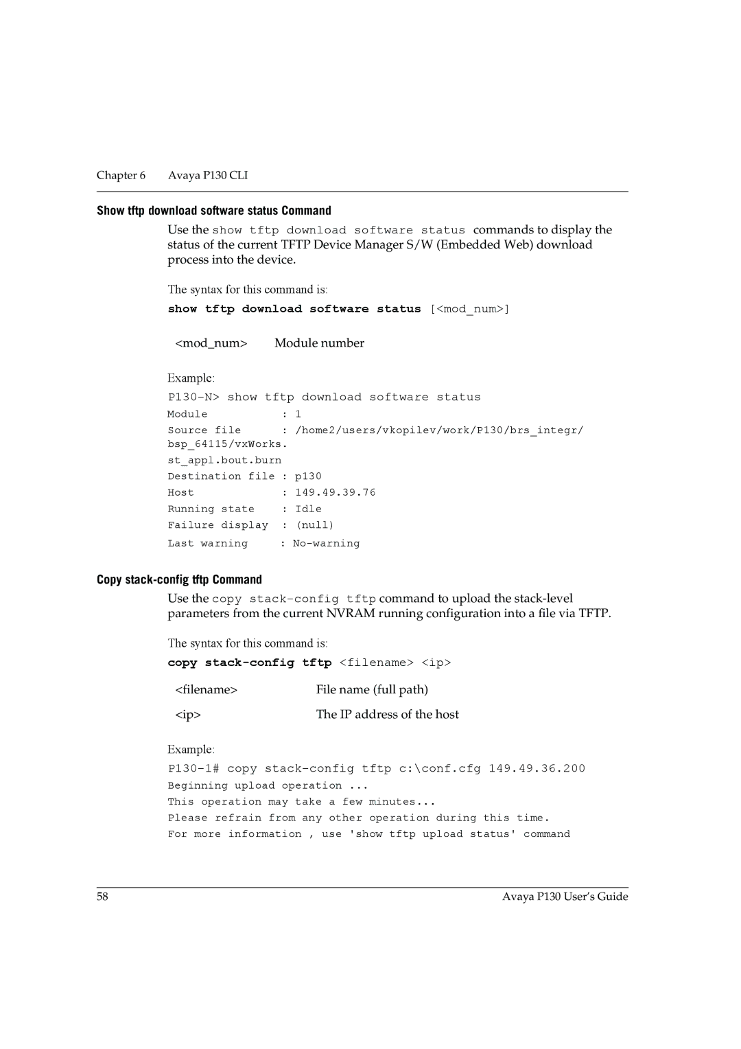 Avaya P130 manual Show tftp download software status Command, Show tftp download software status modnum 