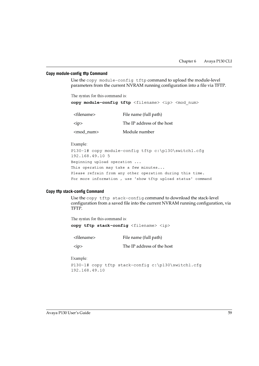 Avaya P130 Copy module-config tftp Command, Copy module-config tftp filename ip modnum, Copy tftp stack-config Command 