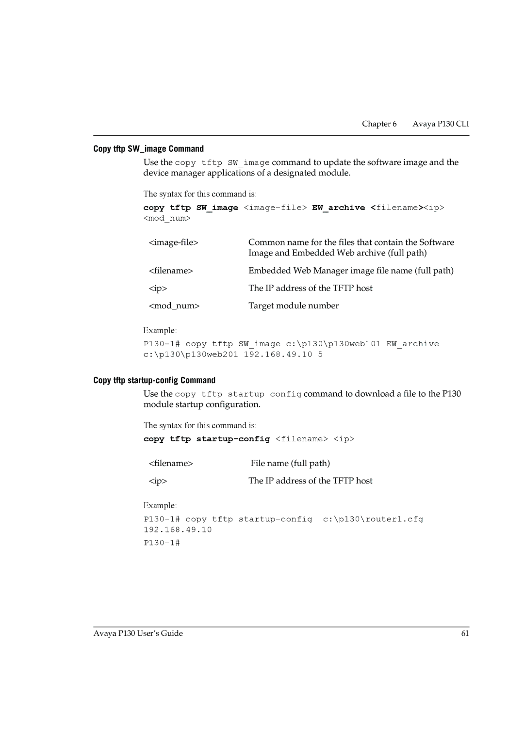 Avaya P130 manual Copy tftp SWimage Command, Copy tftp SWimage image-fileEWarchive filenameip modnum 