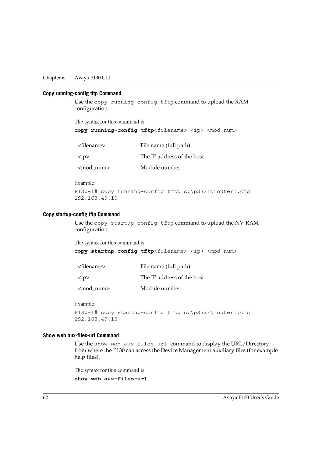 Avaya P130 manual Copy running-config tftp Command, Copy startup-config tftp Command, Show web aux-files-url Command 