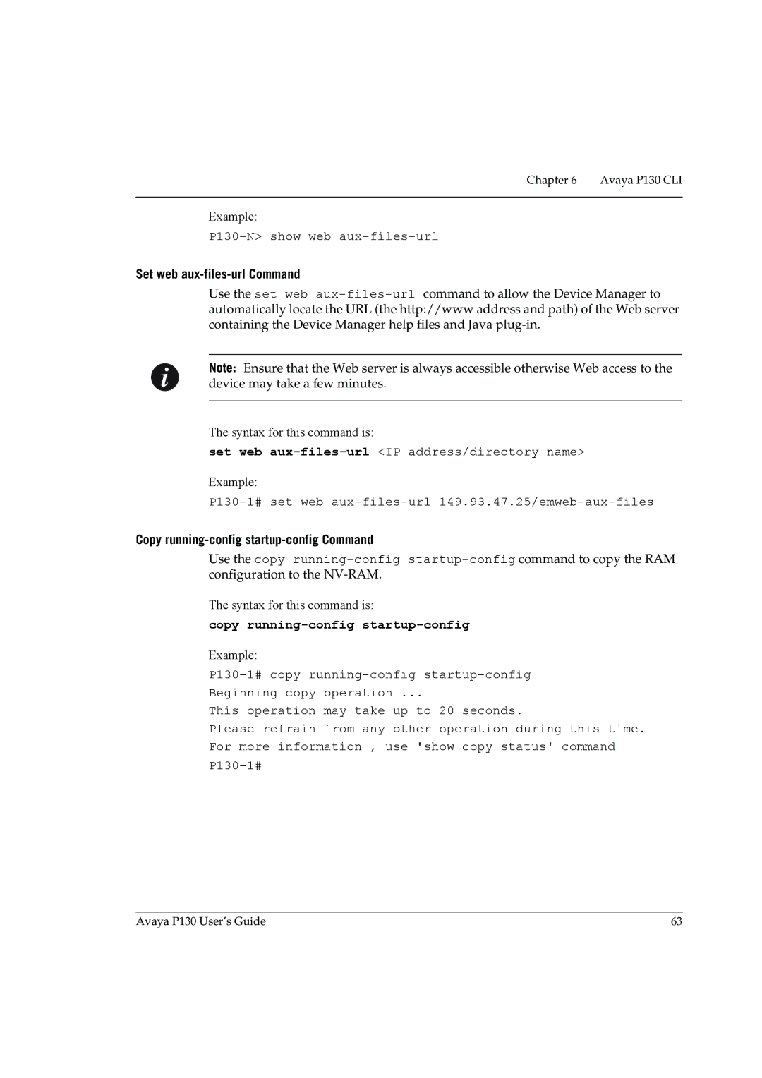 Avaya P130 manual Set web aux-files-url Command, Copy running-config startup-config Command 