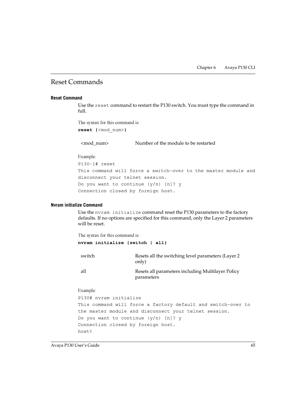 Avaya P130 manual Reset Commands, Reset modnum, Nvram initialize Command, Nvram initialize switch all 