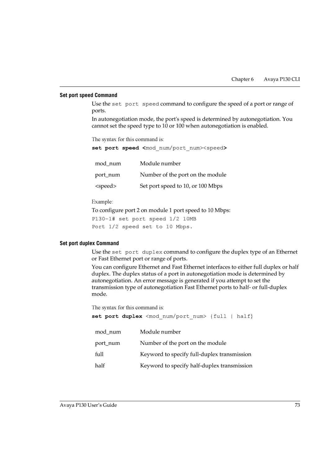 Avaya P130 manual Set port speed Command, Set port speed modnum/portnumspeed, Set port duplex Command 