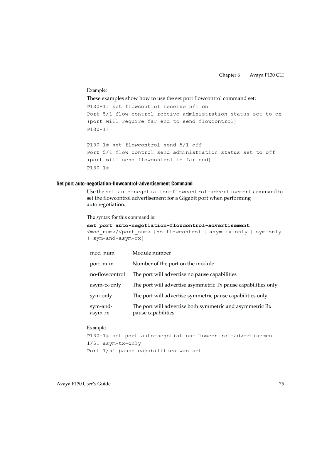 Avaya P130 manual Set port auto-negotiation-flowcontrol-advertisement Command 