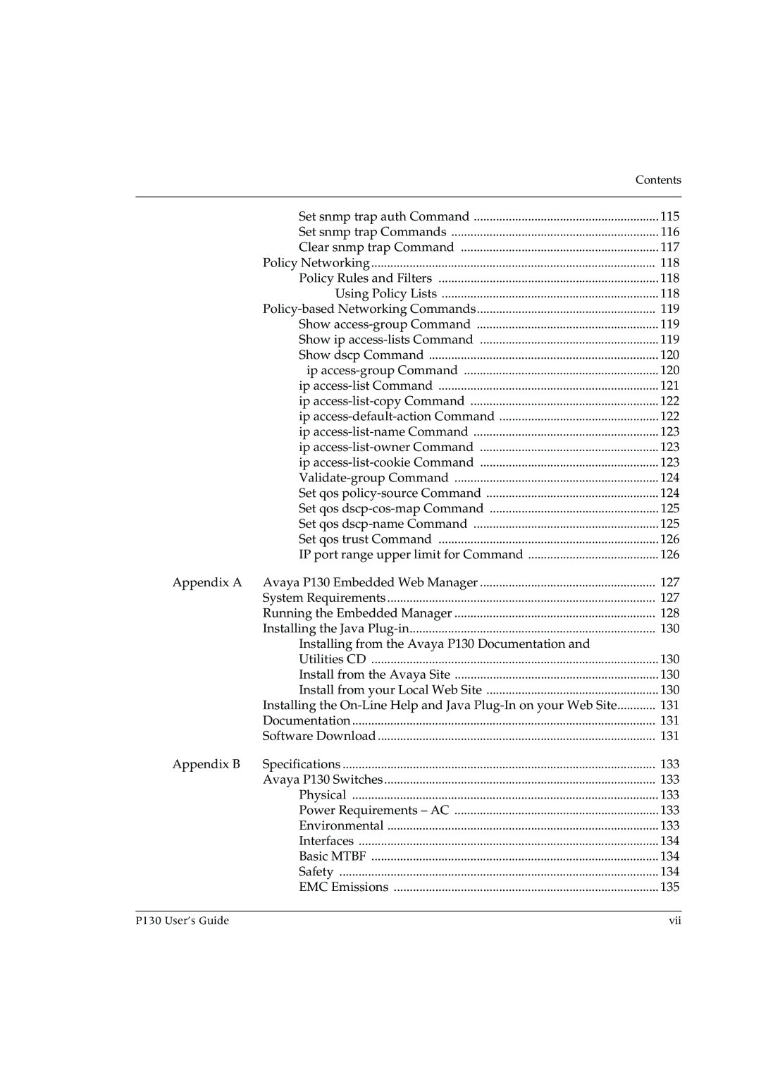 Avaya manual P130 User’s Guide Vii 