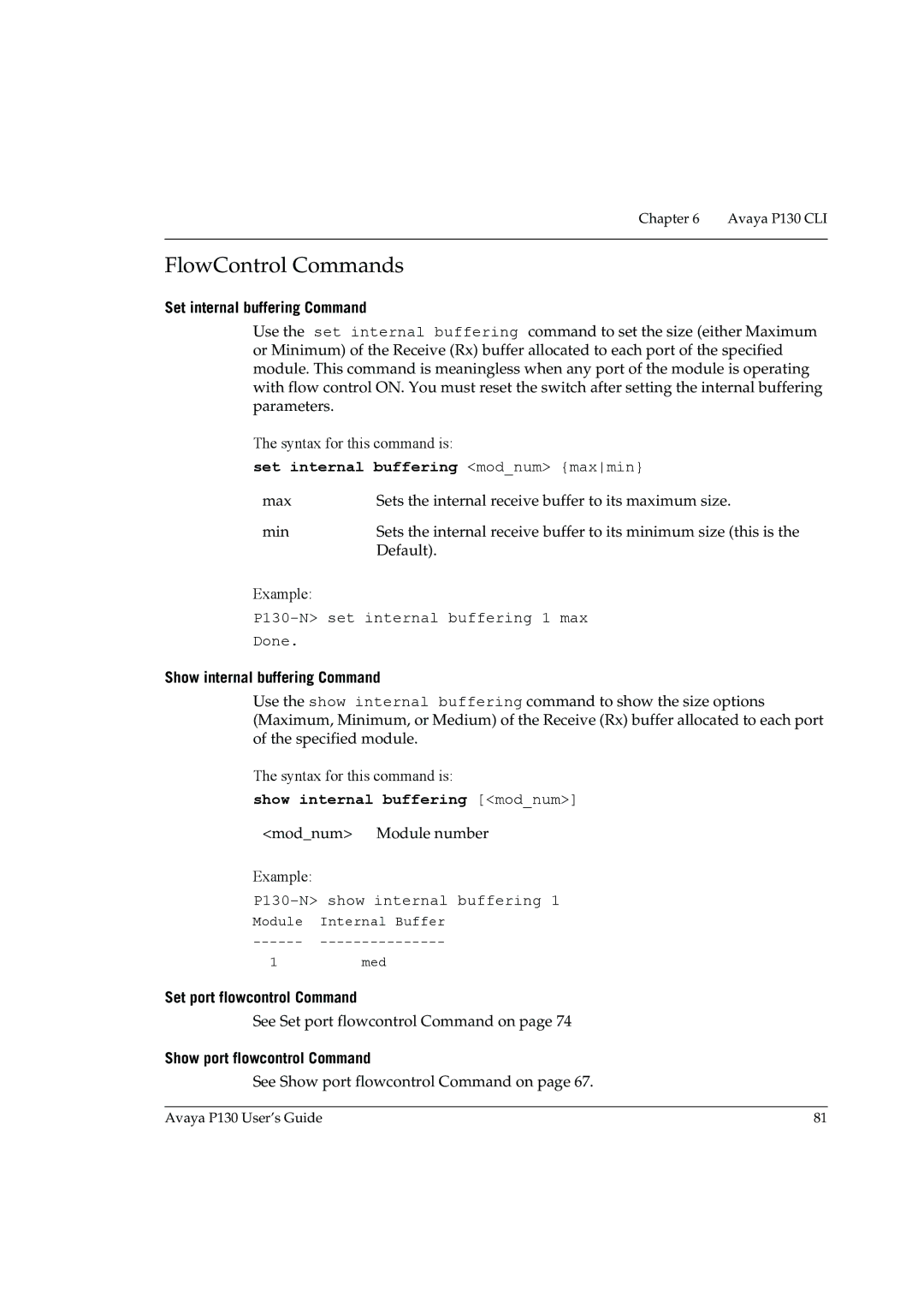 Avaya P130 manual FlowControl Commands, Set internal buffering Command, Set internal buffering modnum maxmin 